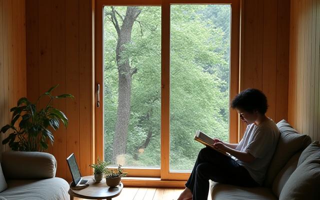 산속 오두막에서 스마트폰 없이 독서하는 사람